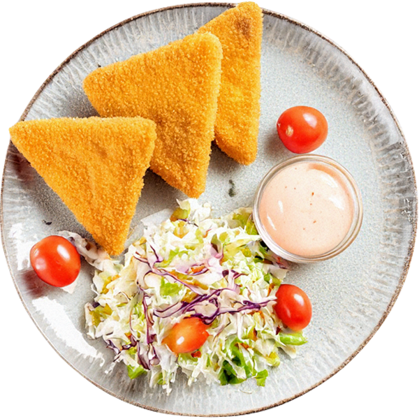 Fried cheese with tartar,and coleslaw salad