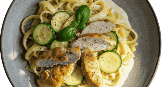 Komadići purećeg filea s tikvicama i tagliatelama u bijelom umakom