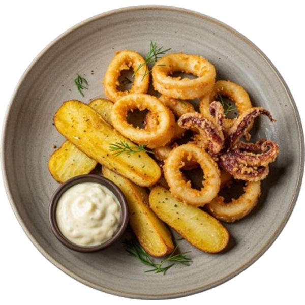 Pržene lignje s lađicama od krumpira i tartar umakom