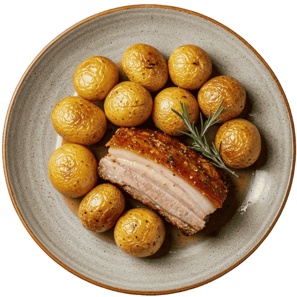 Roasted pork belly with baby potatoes