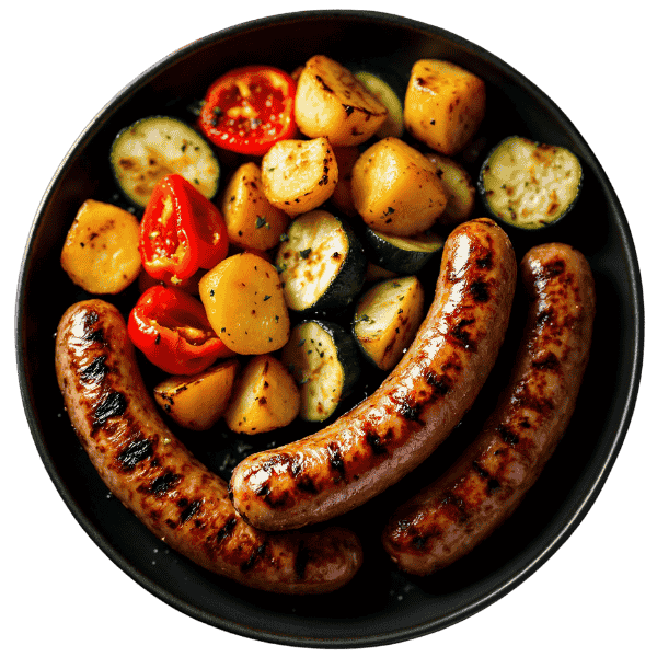 Grilled sausages with roasted potatoes and vegetables