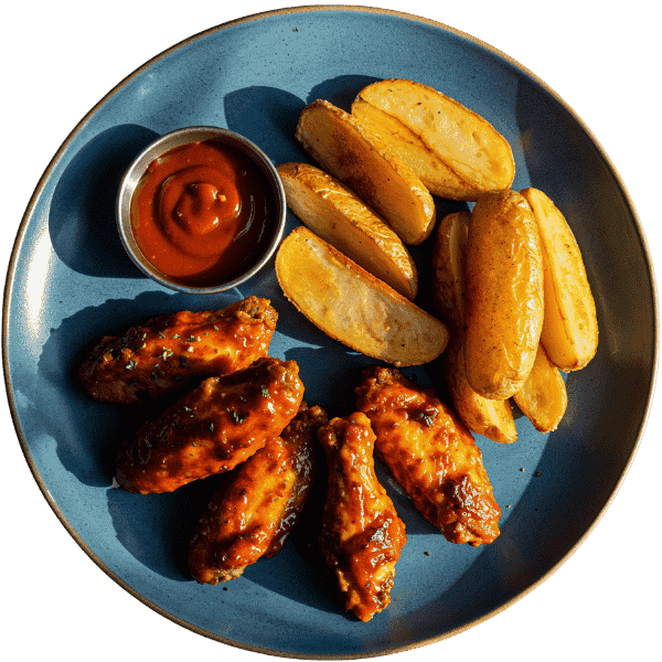 Barbecue spicy wings with potato boats