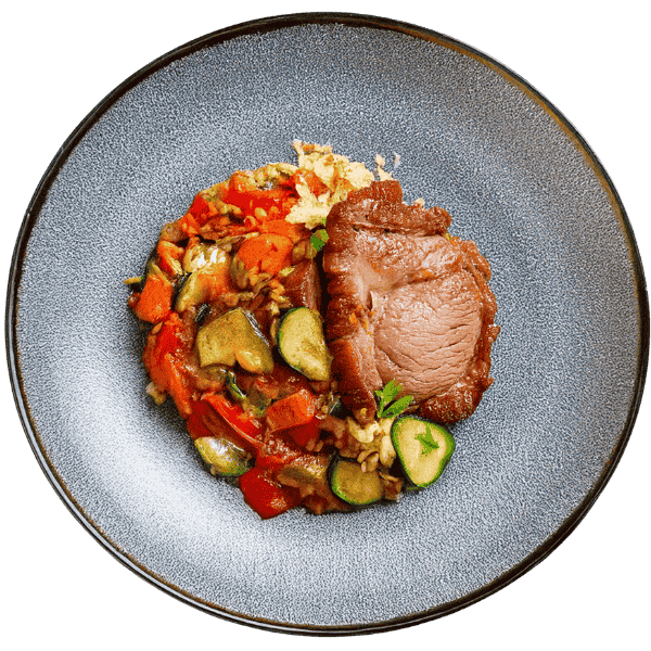Slow-roasted pork neck with rice and vegetables