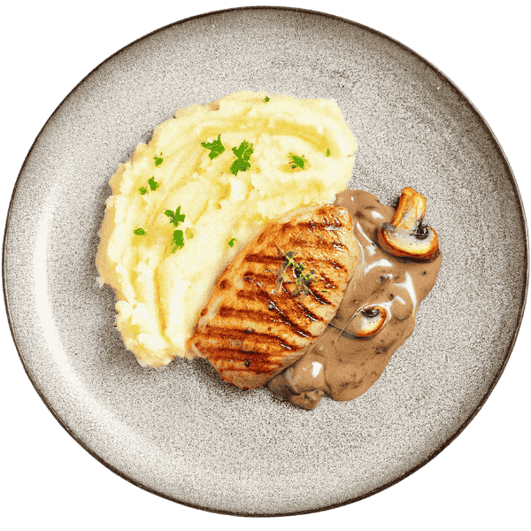 Grilled chicken fillet with mashed potatoes and mushroom sauce