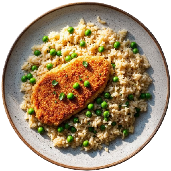 Wiener schnitzel with rice and peas