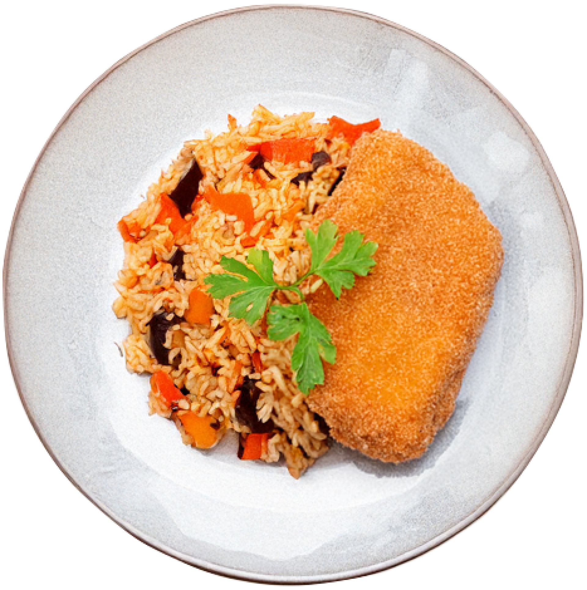 Wiener schnitzel with vegetables and rice