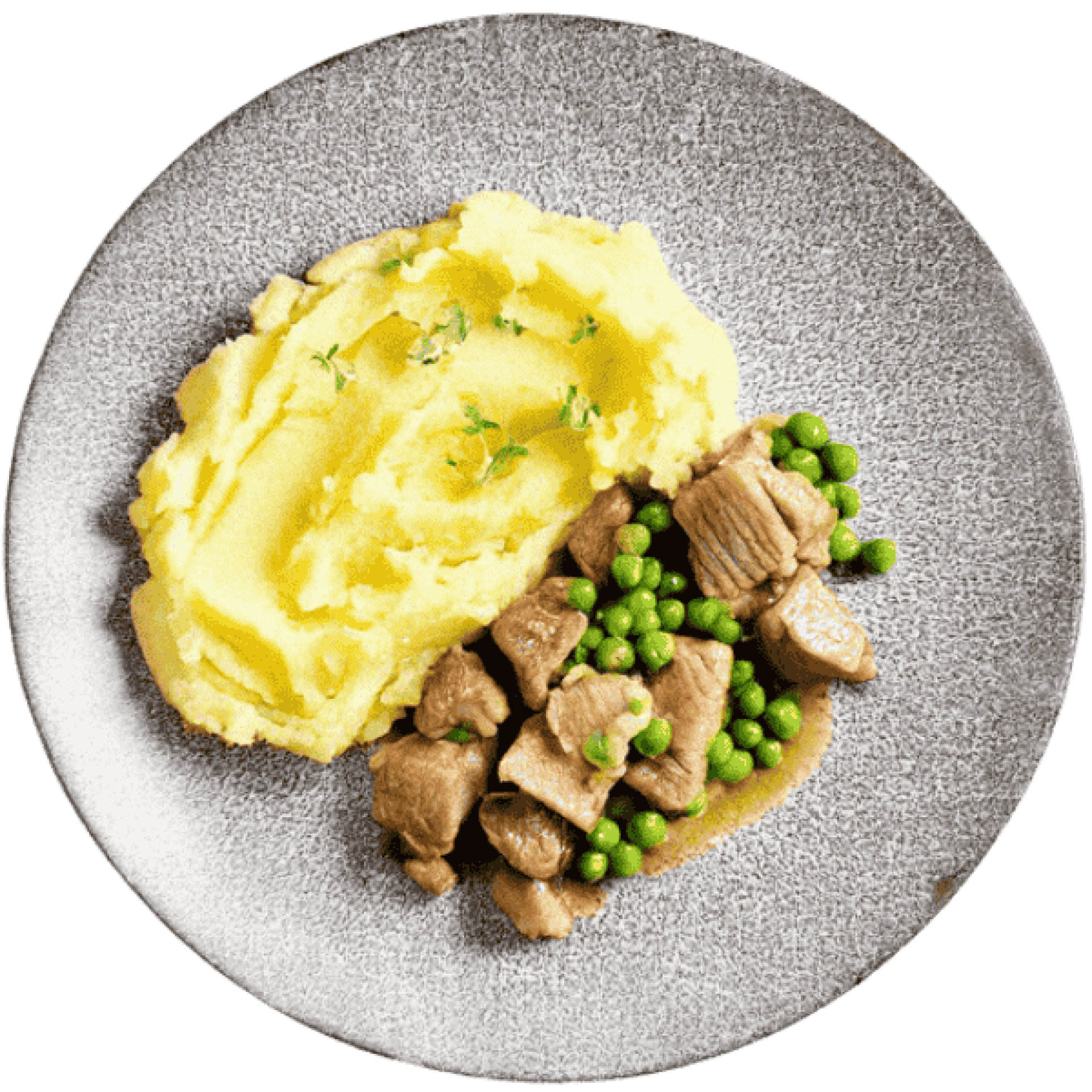 Pork stew in peas with mashed potatoes