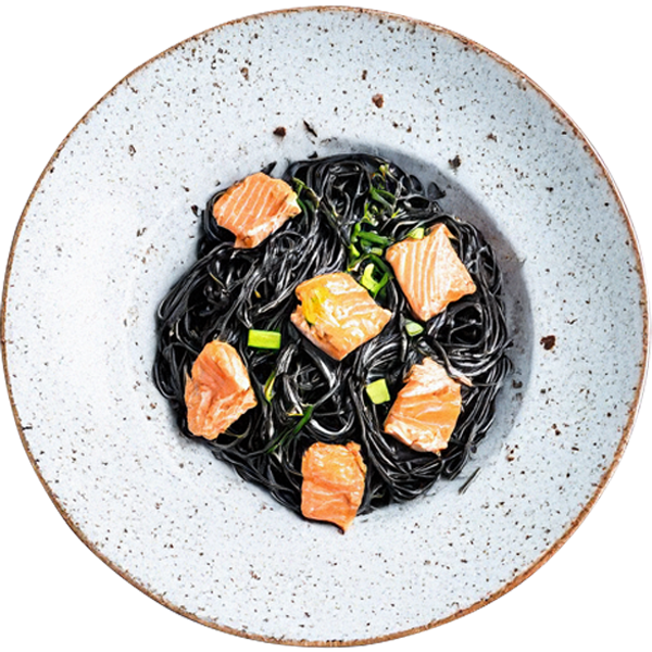Black noodles in salmon sauce