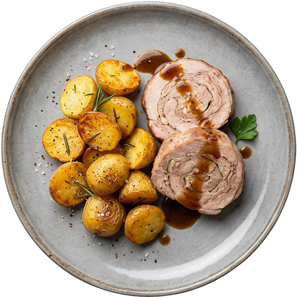 Rolled pork meat with baked potatoes