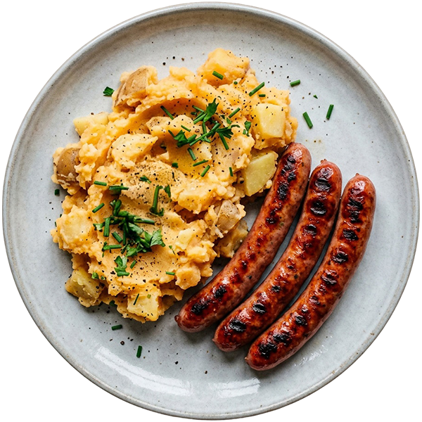 fried sausages with roasted potatoes