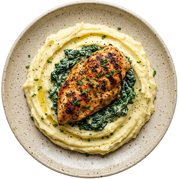 Grilled chicken fillet in creamed spinach with mashed potatoes