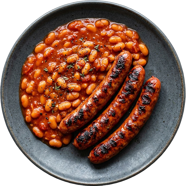 grilled sausages with baked beans