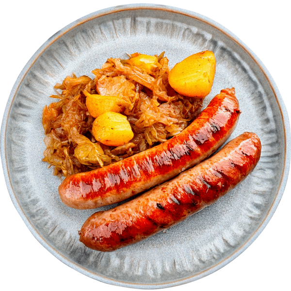 Sausages with braised cabbage and sautéed potatoes