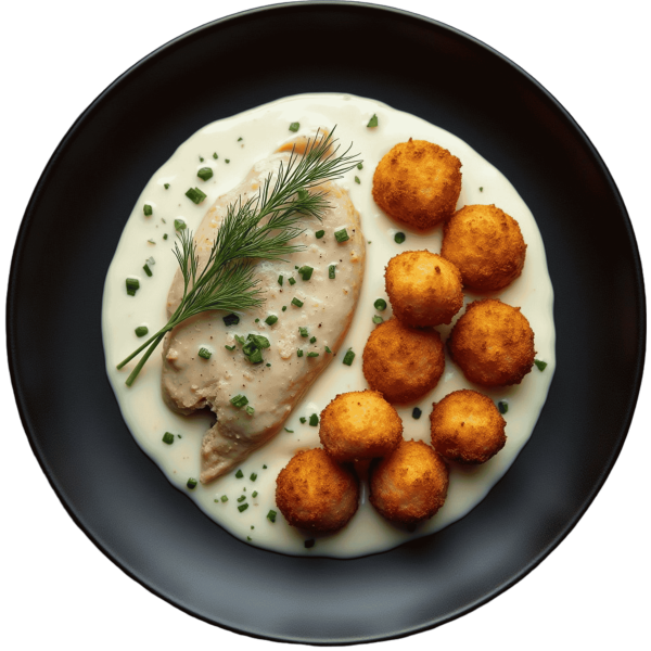 Piletina u umaku od kopra s kroketima